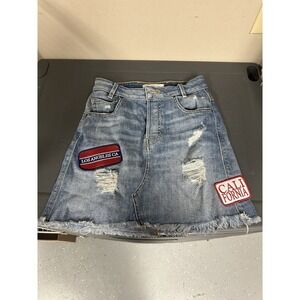 Guess  Los Angeles Blue Jean Skirt with‎ Patches Size 24 Distressed High Waisted